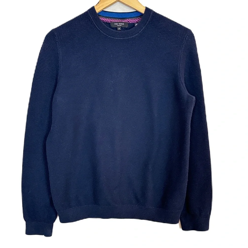Ted Baker Marlin Textured Navy Blue Crew Neck Jumper Sweater Men’s Sz 4 / Medium